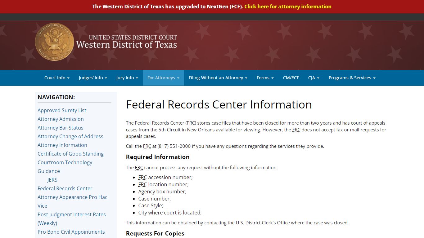 Federal Records Center Information – U.S. District Court
